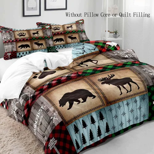 Miniatura 3 de LUVIVIHOME Juego de funda de edredón de 2 piezas, diseño de oso y alce, ciervo, ciervo, ropa de cama de cabaña, ropa de cama rústica de granja