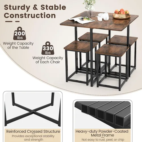 Miniatura 5 de Tangkula Juego de mesa de comedor compacto para 4, juego de mesa de cocina pequeña con taburetes cuadrados y marco de metal, perfecto para espacios