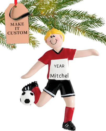 Adorno de fútbol personalizado 2026 | Adornos de Navidad deportivos grabados con láser para árbol | Regalo de recuerdo personalizado de niño rubio