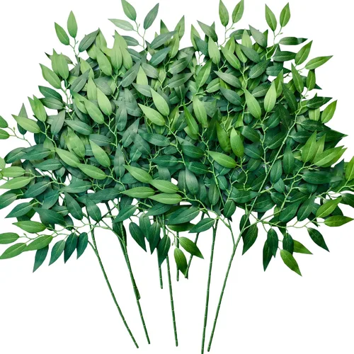 Miniatura 10 de 18 piezas de tallos de vegetación de Ruscus italiano verde, guirnalda de hojas de vegetación artificial de seda, vides colgantes en spray para ramos