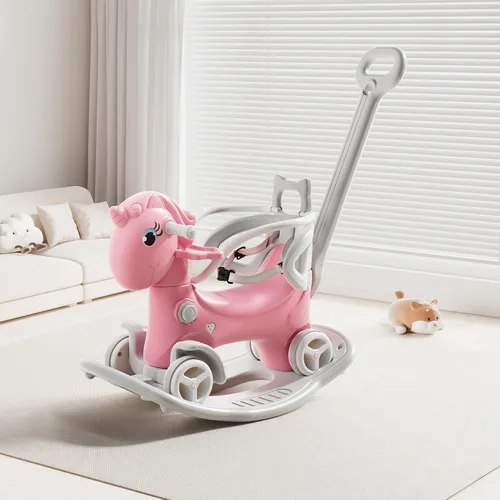 Miniatura 9 de Caballo mecedor 4 en 1 para niños pequeños de 1.5 a 3 años, juguetes de paseo en bicicleta de equilibrio con asa de empuje, respaldo de juguete Rosa