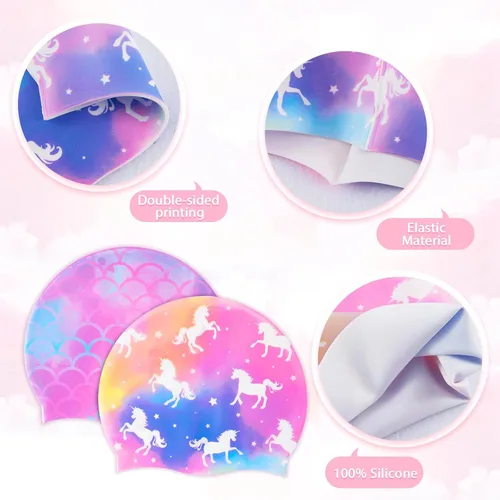 Miniatura 6 de Paquete de 2 gorros de natación impermeables de silicona para niños y niñas (3-8 años), diseño de sirena de unicornio, gorro de natación para niños