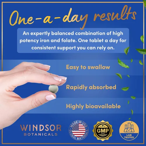 Miniatura 4 de Suplemento de hierro para mujeres con ácido fólico, suministro de píldoras de hierro para mujeres de Windsor Botanicals, anemia, período, apoyo al