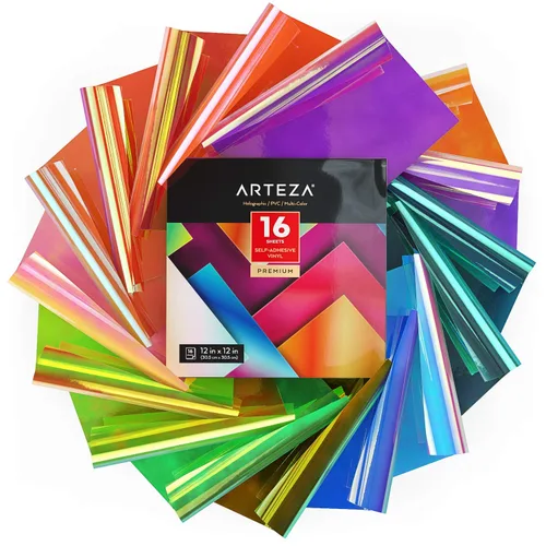 Arteza Vinilo holográfico autoadhesivo, 12 x 12 pulgadas, juego de 16, hojas multicolor de arcoíris y ópalo, fácil de cortar y desmalezar, para