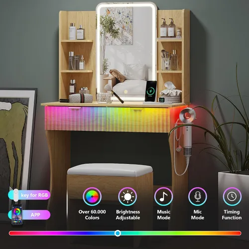 Miniatura 7 de Mesa de Tocador Pequeña con Espejo y Luces, Tocador de Maquillaje con Espejo Iluminado por LED, Tocador con Luces y Silla, Mesa de Vestir Ajustable