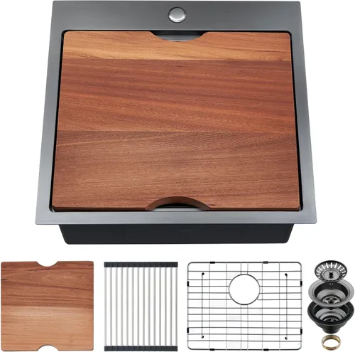 Miniatura 15 de Fregadero de cocina con plato individual con tabla de cortar, 30 x 22 x 10 pulgadas, color negro plomizo, acero inoxidable calibre 16 Negro