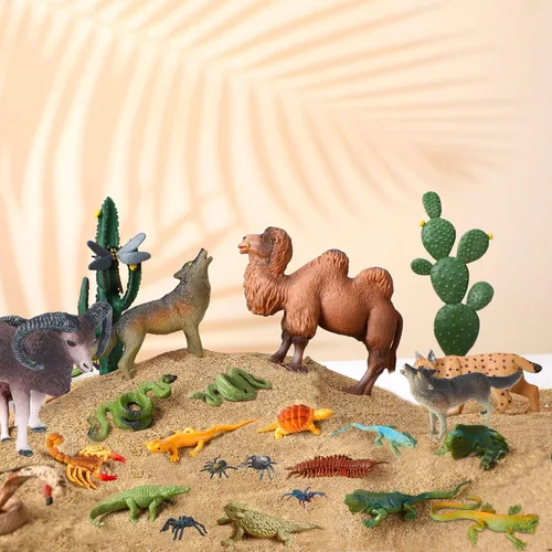 Miniatura 4 de MiniInflat Juego de 25 figuras de animales del desierto para proyectos escolares, juguetes de diorama del desierto para niños con cactus de camello