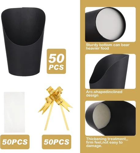 Miniatura 3 de Sabary Juego de 100 tazas desechables de charcutería con bolsas y lazos, tazas de papel de 14 onzas para aperitivos para bodas, despedidas de Negro