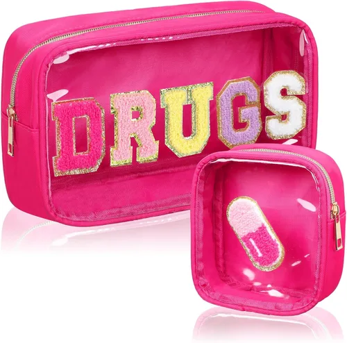 Miniatura 8 de Hillban 2 bolsas medicinales de chenilla con parche de letras, bolsas de viaje, de nailon transparente, bolsas de maquillaje portátiles