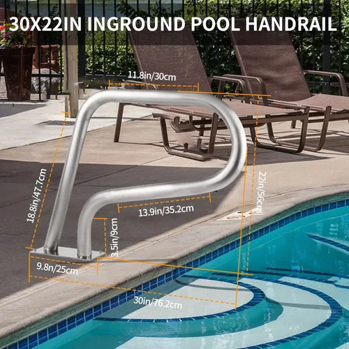 Miniatura 2 de 304SS Pasamanos de piscina con cubierta azul antideslizante - Barandilla de piscina enterrada de 30 x 22 pulgadas