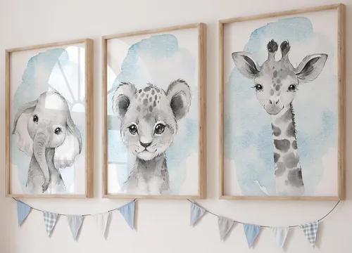 Miniatura 10 de Safari Animals - Juego de 3 impresiones artísticas de pared sin marco, carteles de animales grises con pajarita azul, elefante jirafa león, póster