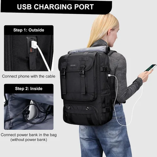 Miniatura 7 de PIJUSHI Mochila de viaje para mujeres y hombres, mochila de equipaje de mano, aprobada por vuelo, bolsa de lona convertible para laptop de 16 Negro