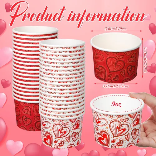 Miniatura 3 de Zopeal 80 tazas de helado para el Día de la Madre, de 9 onzas, cuencos desechables de San Valentín, cuencos de papel con corazón rojo, para postres