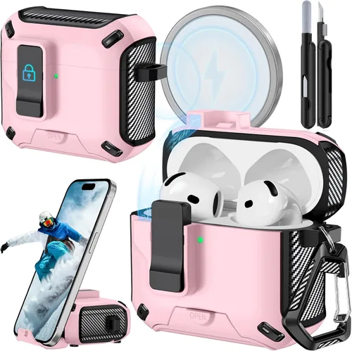 Miniatura 17 de Funda para AirPods Pro 2 (2023/2022/2019) con soporte para teléfono, (con interruptor a presión automático), diseño de fibra de carbono, cubierta