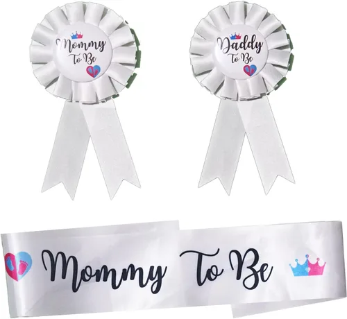 Miniatura 7 de Paquete de 2 decoraciones para baby shower, banda de mamá y papá para ser insignias de hojalata con bonito patrón de pies dorados para fiesta