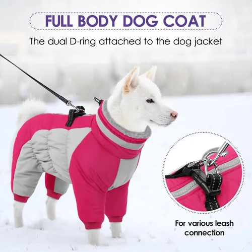 Miniatura 5 de Abrigo de cuerpo completo para perro – Chaqueta cálida de vellón para perros grandes, abrigos de invierno de cuello alto con arnés, traje de nieve