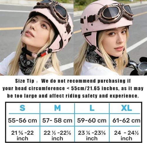 Miniatura 2 de Casco de motocicleta rosa, medio casco de cuero estilo alemán, casco de motocicleta para mujer con certificación DOT, casco de media cara con gafas