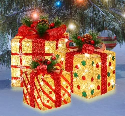 Miniatura 4 de LAMPHOME Cajas iluminadas de Navidad, juego de 3 70 luces LED para decoración al aire libre, cajas de Navidad iluminadas, decoración de regalo