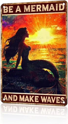 Letrero de metal retro de sirena con texto en inglés "Be A Mermaid And Make Waves", letrero de hojalata vintage para playa, decoración de pared de