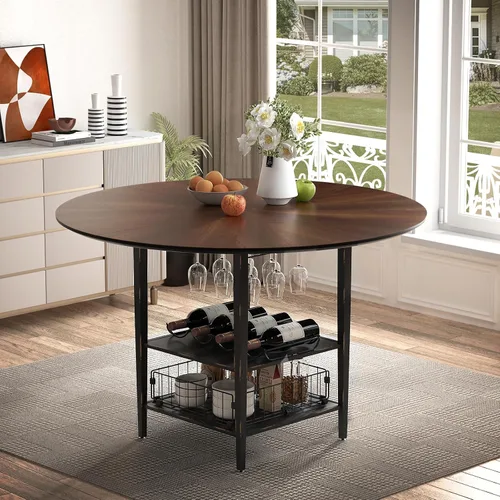Miniatura 16 de Juego de mesa de comedor redonda de 47 pulgadas para 4-6 personas, juego de mesa de comedor grande de cocina estilo granja con sillas y estante