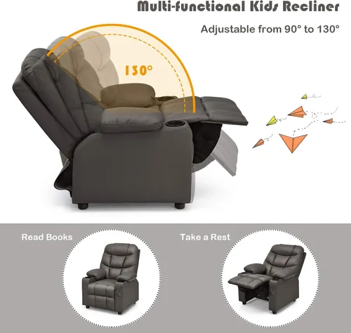 Miniatura 7 de GLACER Silla reclinable para niños con portavasos y bolsillos laterales, reclinable para niños con respaldo cómodo, reposabrazos y reposapiés, Marrón