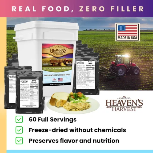 Miniatura 7 de Heaven’s Harvest Kit de Alimentos Familiares de 25 Años — Suministro de Alimentos de Emergencia. Kit de Alimentos de Supervivencia Liofilizados +