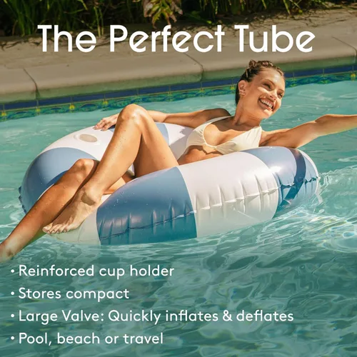 Miniatura 3 de FUNBOY Flotador inflable gigante de rayas azules con soporte para tazas, tubo interior de 48 pulgadas para adultos, tumbona de piscina