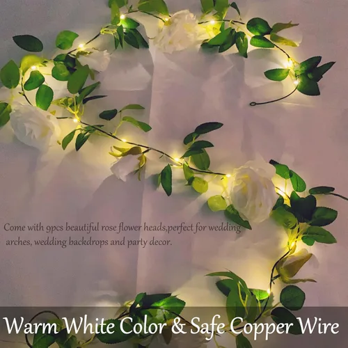 Miniatura 5 de Guirnalda de flores artificiales Fielegen con 20 luces de cadena LED, guirnalda de rosas colgantes de 2 metros con decoración de luces para jardín