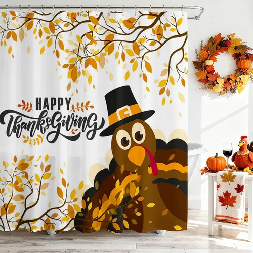 Mocsicka Cortina de ducha de Acción de Gracias, diseño de pavo y hojas de otoño, cortina de ducha de baño, cortina de baño de 72 x 72 pulgadas con