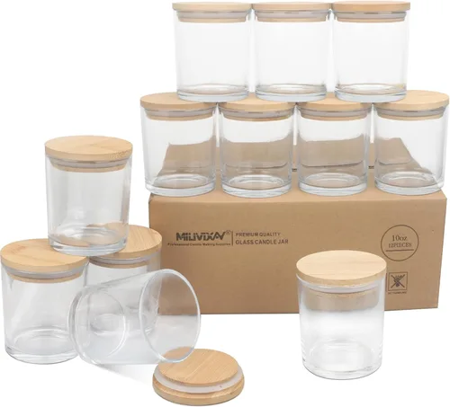 MILIVIXAY Paquete de 12 tarros de vela de vidrio grueso transparente de 10 onzas con tapas, tarro de vela vacío a granel para hacer velas,