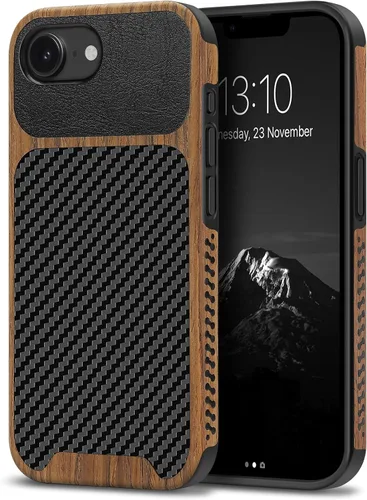 Miniatura 51 de TENDLIN Compatible con iPhone 17 Pro Max Funda de madera con textura de fibra de carbono Diseño de cuero híbrido delgado (negro)