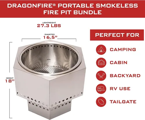 Miniatura 5 de Dragonfire Chimenea portátil sin humo, accesorios incluidos: parrilla, soporte base, estuche de transporte. Pozo de fuego al aire libre de pellets