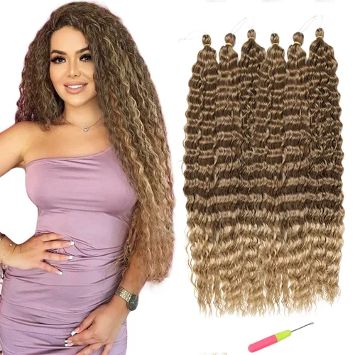 Miniatura 24 de MAYSA Extensiones de cabello sintético de ganchillo con ondas oceánicas, color 4 marrón, 22 pulgadas, rizado trenzado, extensiones de cabello