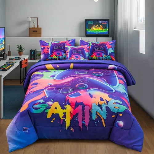 Miniatura 18 de Aimuan - Juego de ropa de cama para jugadores, conjuntos de edredón 3D con mando de juego para niños, botones de acción, controlador de juego Negro