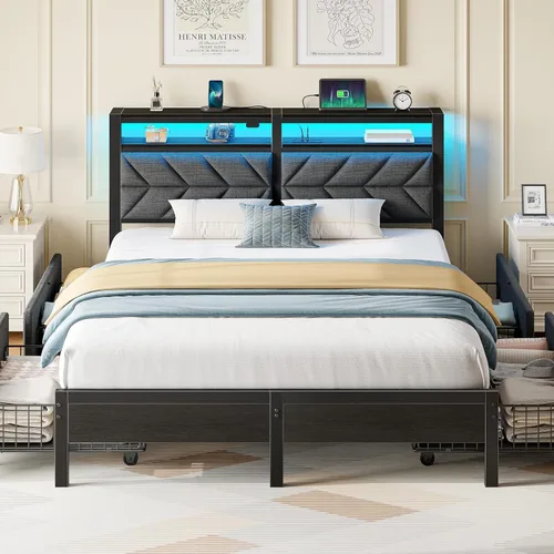 Miniatura 17 de Seventable Base de cama tamaño Queen con estación de carga, cama LED con cabecera de almacenamiento tapizada, cama de plataforma de metal con Gris
