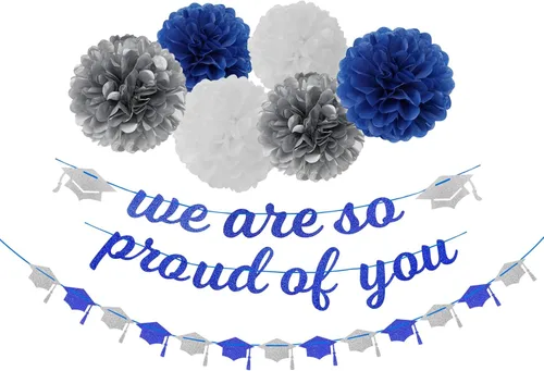 Cartel de graduación de decoración de fiesta de color azul marino, blanco y plateado, 8 piezas, guirnaldas de tapas, pompones de papel de seda, Azul