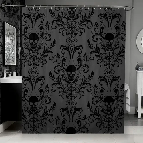 Juego de cortinas de ducha góticas de tela de damasco negro, antiguo, victoriano, vintage, floral, exótico, calavera de azúcar, decoración de baño,