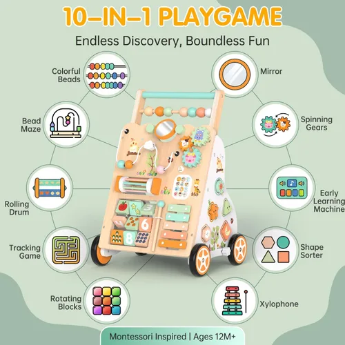 Miniatura 2 de Andador de bebé de madera con ruedas, andador de empuje con centro de actividad para bebés, juguete de caminar Montessori para niñas y niños, Natural
