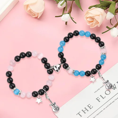 Miniatura 11 de 2 pulseras magnéticas para parejas, piedra natural negra mate, cristal para votos de amor eterno, juego de pulseras de cuentas de piedra de energía