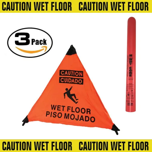 Miniatura 2 de Letrero de suelo mojado de precaución naranja (ENG/SPAN) Handy Cone con tubo de almacenamiento "3-PACK
