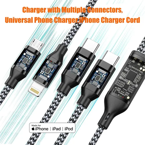 Miniatura 4 de Doub Tyep-C 4 en 1 cable de carga múltiple de 4 pies, cable de carga de nailon trenzado Lightning para iPhone, cable de carga universal con tipo C