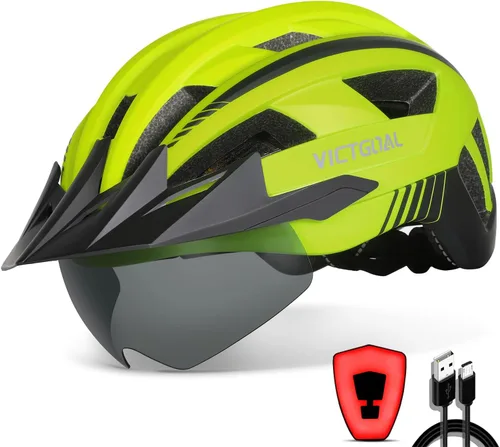 Miniatura 17 de VICTGOAL Casco de bicicleta con luz trasera recargable por USB, gafas magnéticas desmontables, visera solar extraíble, cascos de bicicleta