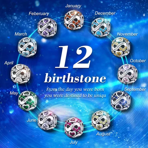 Miniatura 4 de Cuentas de plata de ley 925 con dije de piedra natal para pulseras y collares, regalos de cumpleaños para mujeres y niñas.