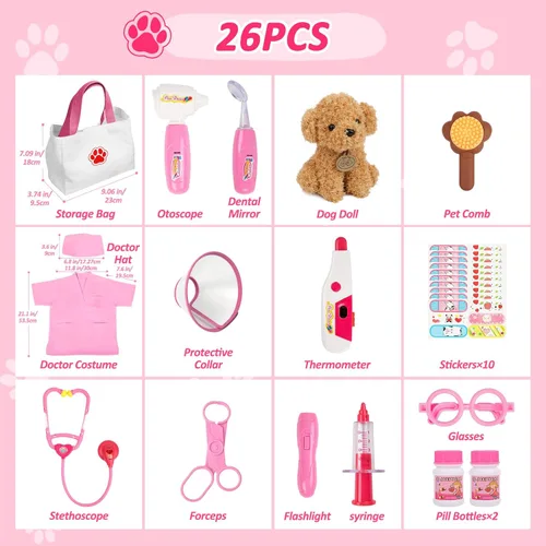 Miniatura 5 de Liberry Kit de médico para niños pequeños de 3, 4, 5, 6, 26 piezas, juego de médico con juguete para perro, estetoscopio y disfraz de disfraz, Rosa