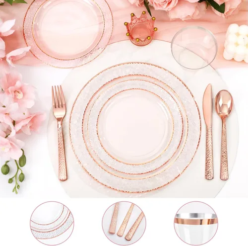 Miniatura 6 de Ciaell 150 platos de plástico de oro rosa – Platos desechables con cubiertos de plástico de oro rosa incluyen 50 platos, 25 tenedores, 25 cuchillos