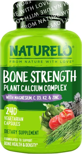 NATURELO Suplemento de Calcio – con Vitamina C, Vitamina D3, K2, y Calcio Magnesio Zinc para la Fortaleza Ósea con Calcio 600mg – a Base de Plantas,