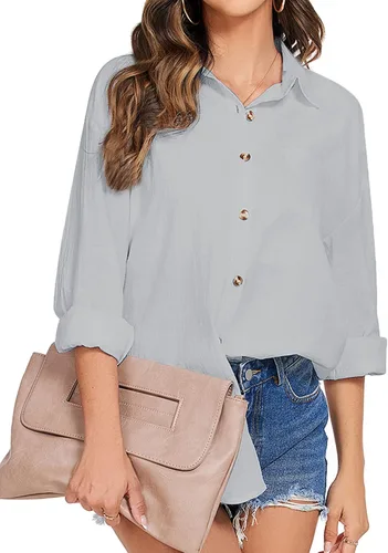 Miniatura 2 de HOTOUCH Camisa de algodón con botones para mujer, casual, manga larga, ajuste holgado, cuello de lino, blusa de trabajo con bolsillo