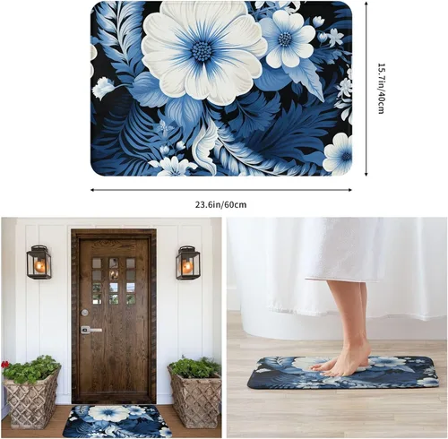 Miniatura 6 de Tapete para puerta delantera, tapete de bienvenida con estampado floral azul y blanco, absorbente, antideslizante, tapete de entrada suave, alfombra