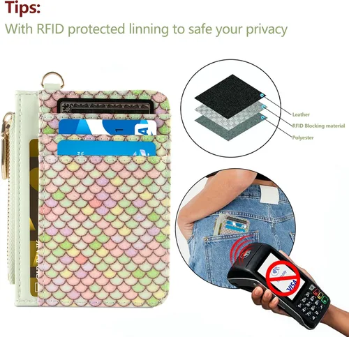 Miniatura 5 de Cartera pequeña de cuero con protección RFID de sirena para tarjetas de crédito, cartera delgada con correa para la muñeca con bolsillo