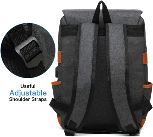 Miniatura 6 de Mancio - Mochila vintage para portátil con puerto de carga USB, mochila de negocios delgada resistente a roturas para viajes, universidad, mochilas
